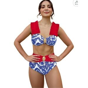 "Sporlike" Blue‎ White Porcelain Print Red Trim High Waist Bikini Set Size S NWT